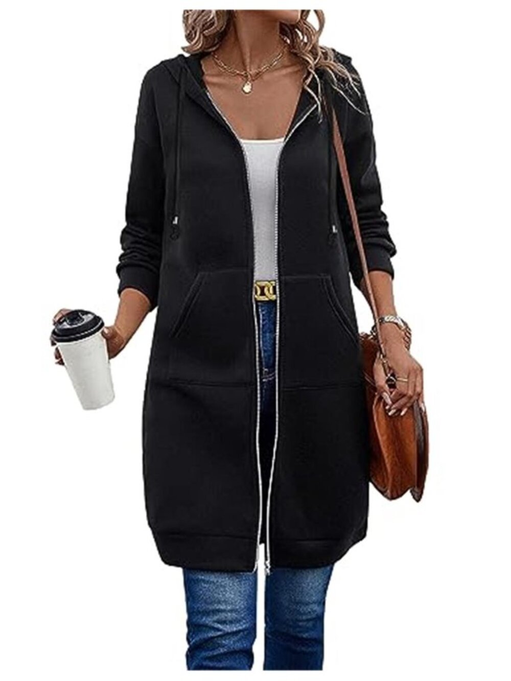 Women's Casual Zip up Fleece Hoodie Tunic Sweatshirt Long Hoodie Jacket - Picture 2 of 6